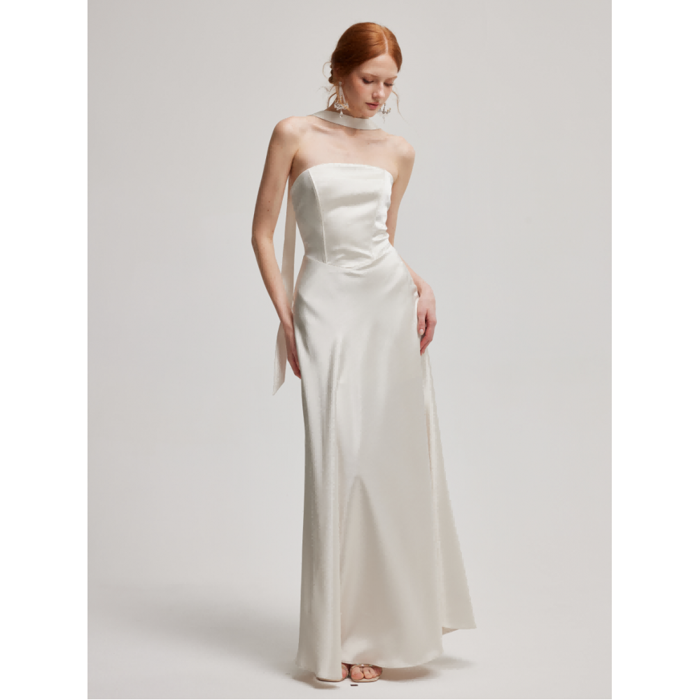 Limited edition romantic Fasogno "Flowing Light" strapless satin evening dress with a sense of ceremony