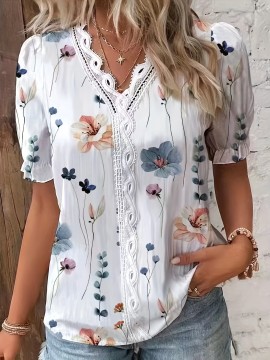 Floral Print V Neck Lace Trim Blouse, Casual Puff Sleeve Blouse For Summer, Women's Clothing