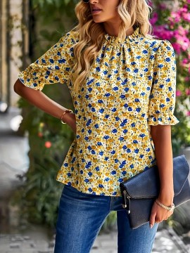 Floral Print Mock Neck Blouse, Elegant Puff Sleeve Ruched Blouse, Women's Clothing