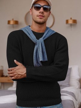 Men's crew-neck waffle texture long-sleeved knit sweater