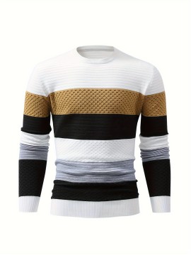 Men's Stylish Color Matching Knitted Pullover - Casual Breathable Long Sleeve Crew Neck Top